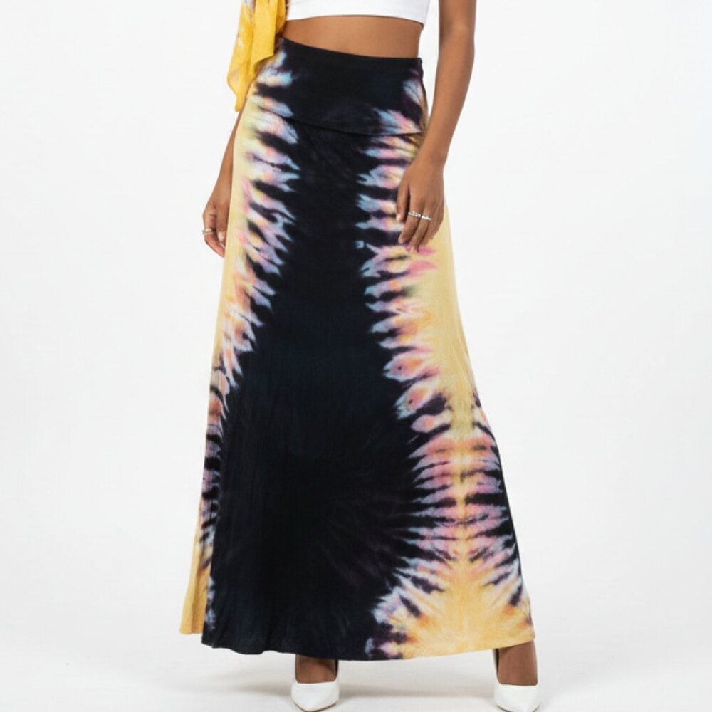 Brightly Twisted Black & Tan Tie Dye Maxi Long Skirt M